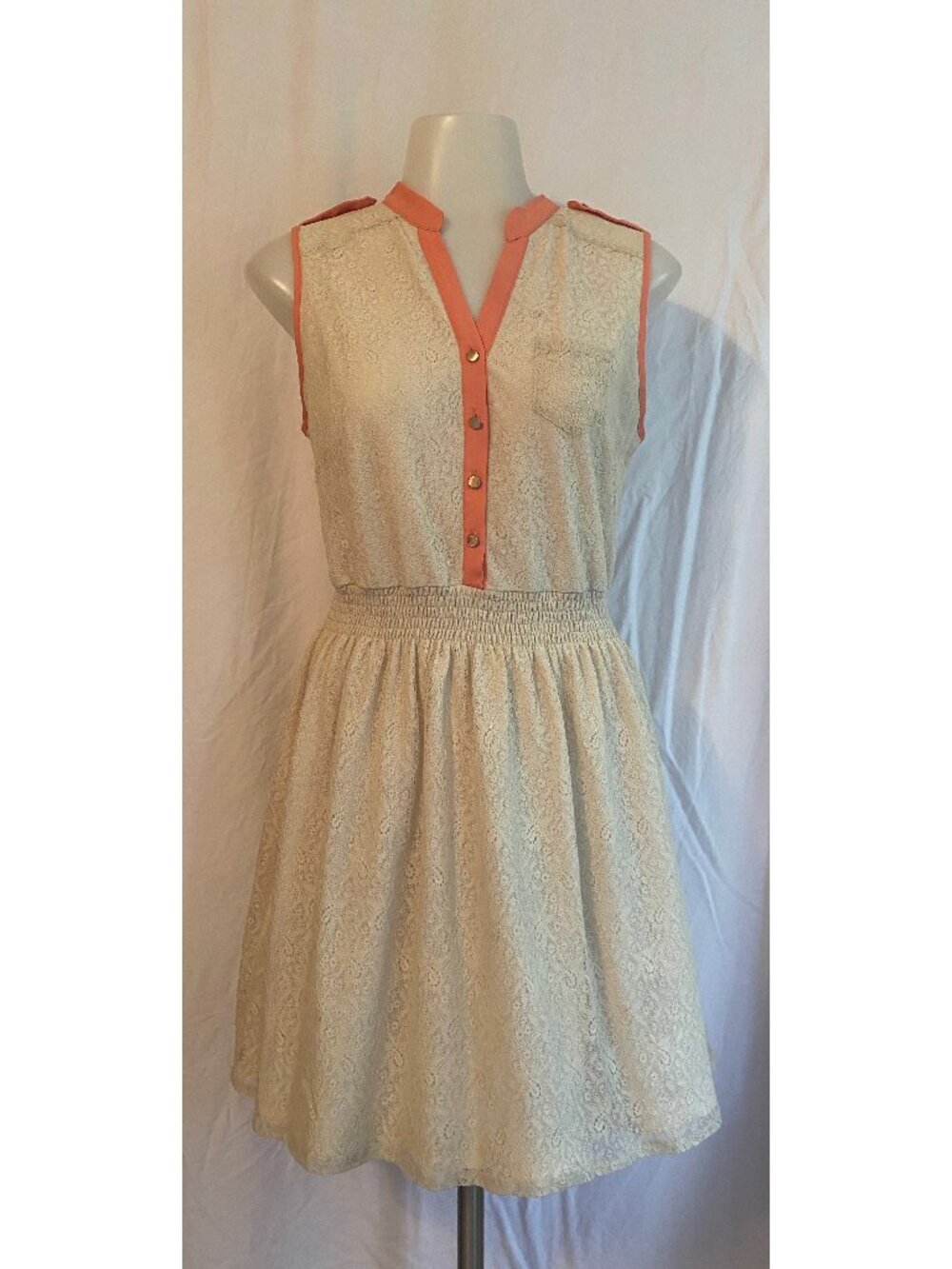Ultra Pink Cream And Coral Trim Button Front Lace Fit & Flare Dress